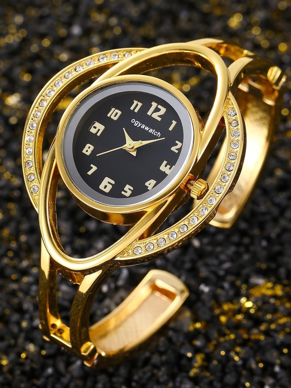 Anthropologie Gold Crystal Bangle Watch with Black Dial